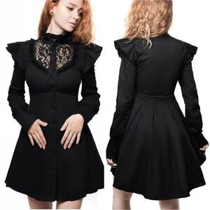 Killstar Size S Gothic WAKE THE DEAD SHIRT DRESS Black Lace Ruffles Button Front